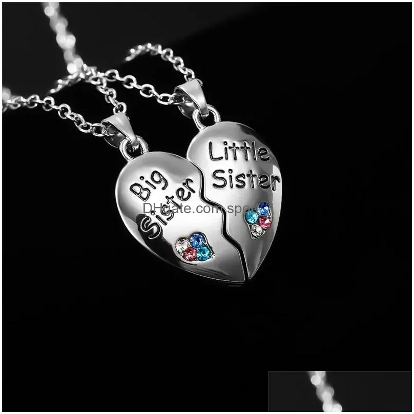 2pcs /set big little sis heart woman necklace jewelry silver plated colorful rhinestone pendant necklaces pendants friend gift