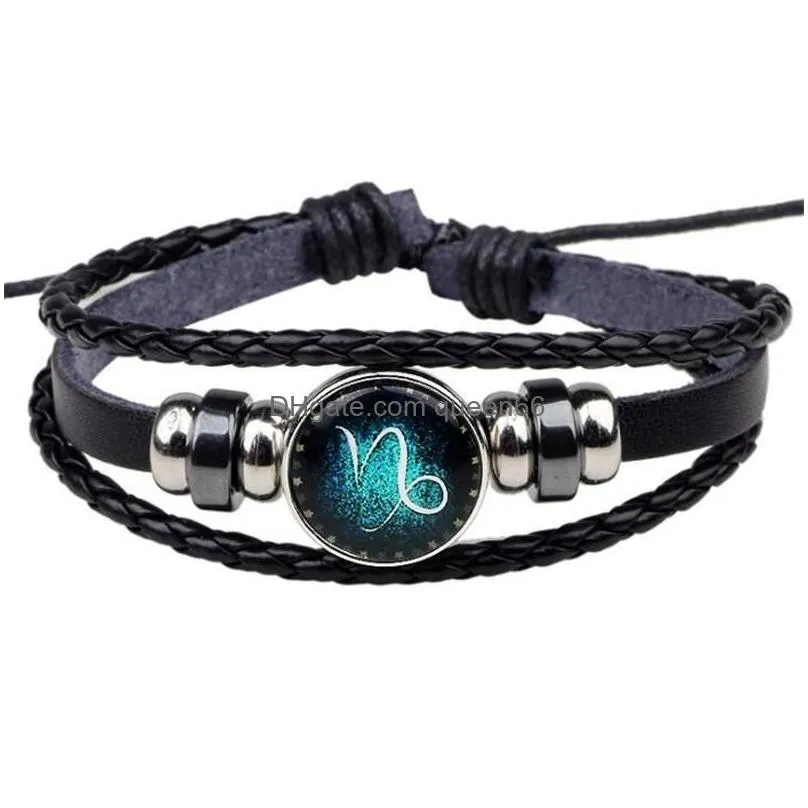 genuine leather bracelet 12 zodiac blue dry constellations lovers woven bangles beads charm bracelet lover bracelets for gift