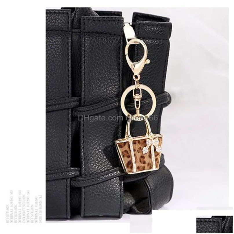 leopard print bag shape keyring crystal rhinestone keychain cartoon keychain for women