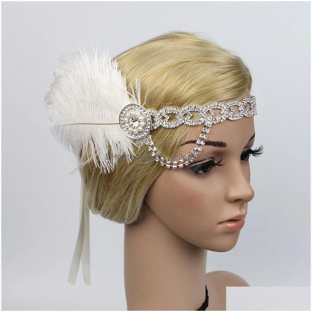 women elegant fascinators headband pearl rhinestones hair vintage ladies strap flower feather party hair clip headband accessory