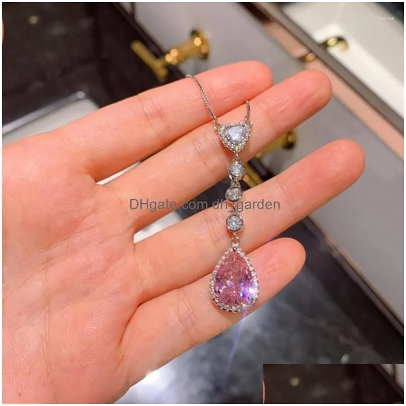 necklace earrings set waterdrop sweet pink stone beautiful stylish women jewelries long nice gift for female
