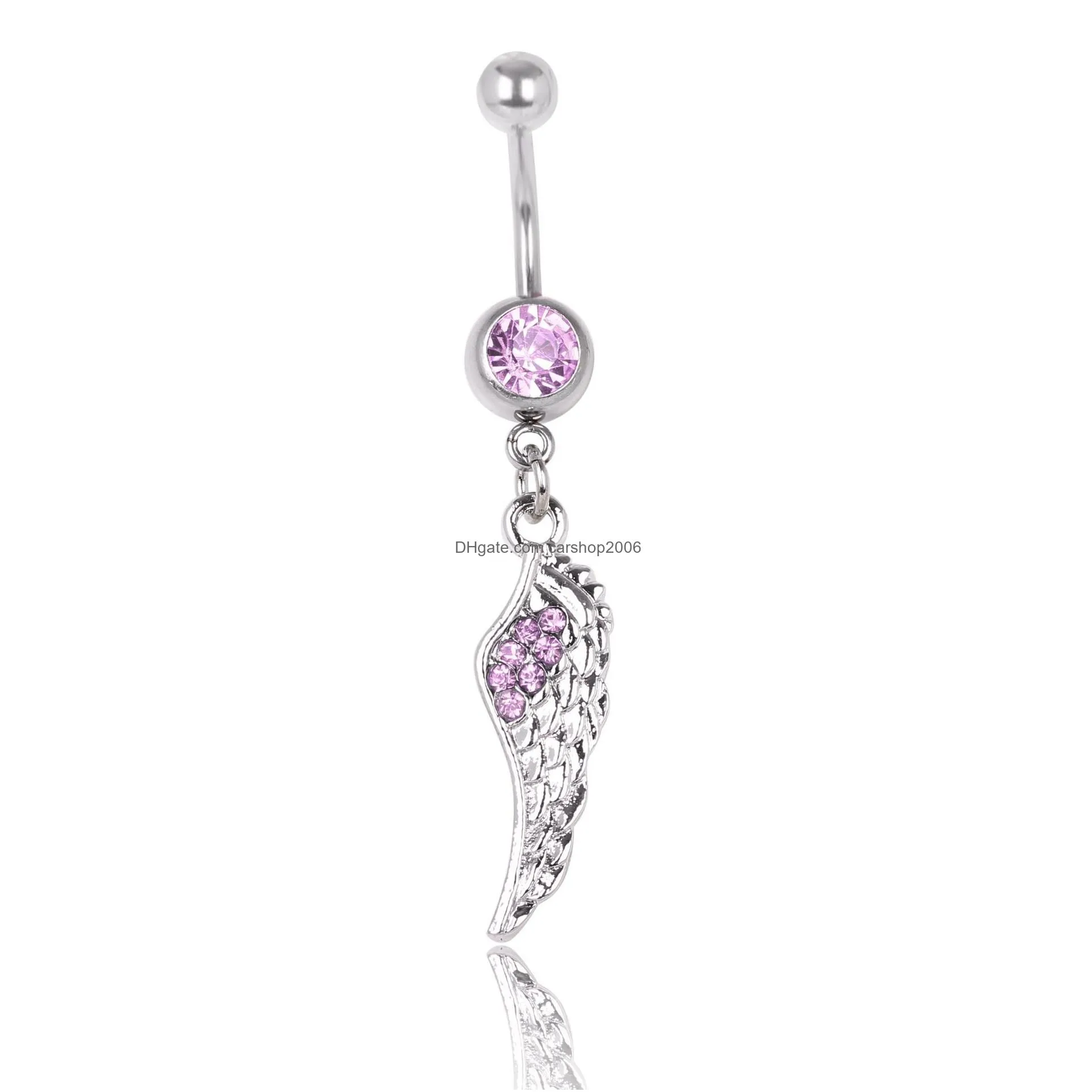 feather wing navel button ring clear aqua pink colors rhinestone piercing body jewlery 1.6x10x8/5 belly ring 3 colors