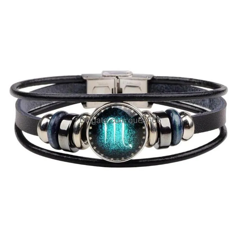 12 zodiac genuine leather bracelet dry constellations lovers woven bangles for women men beads charm bracelet