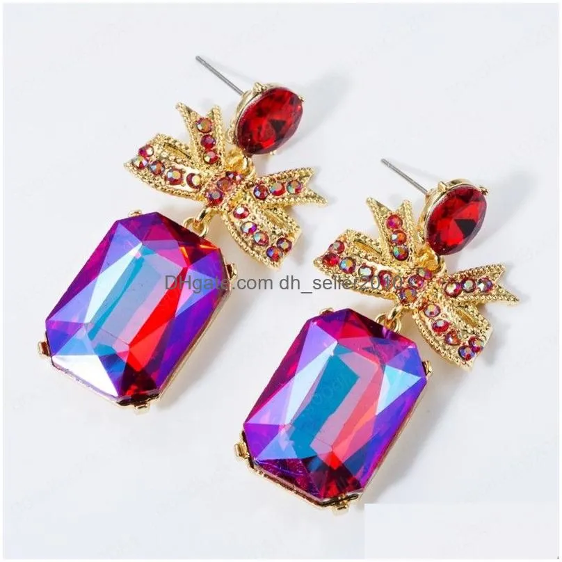 luxury geometric rhinestone pendant dangle earrings women golden metal bowknot with crystal high quality earring jewelry