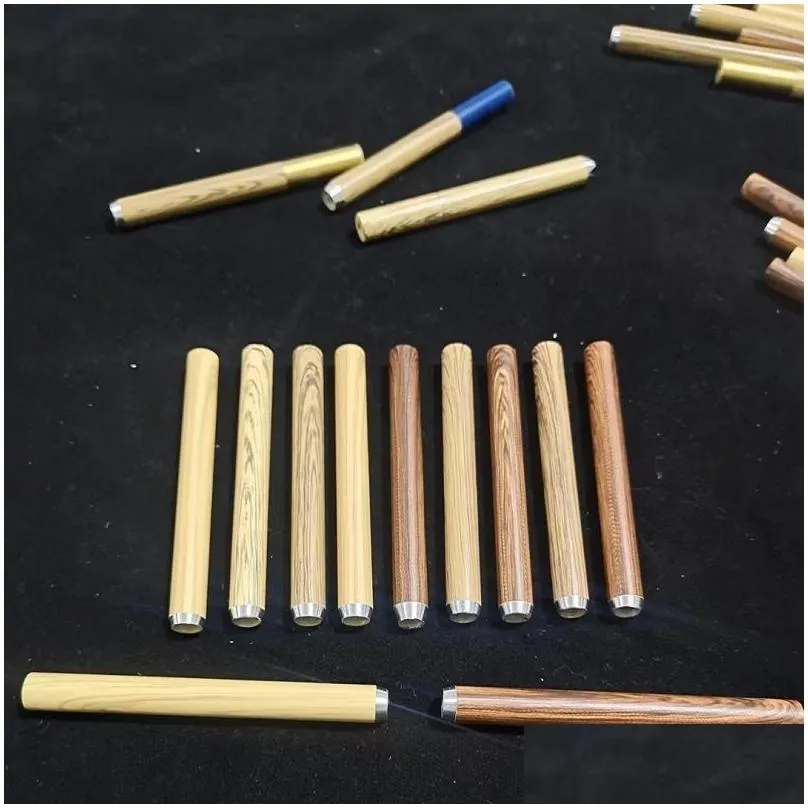 100pcs a lot 78mm 55mm cigarette shape smoking pipes wood grain pipe mini hand tobacco snuff tube aluminum ceramic bat accessories spring catcher