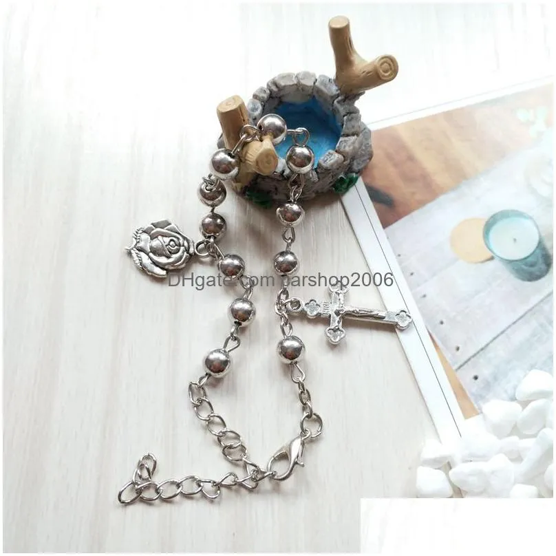 metal beads strand cross rosary bracelets for men women religious jewelry