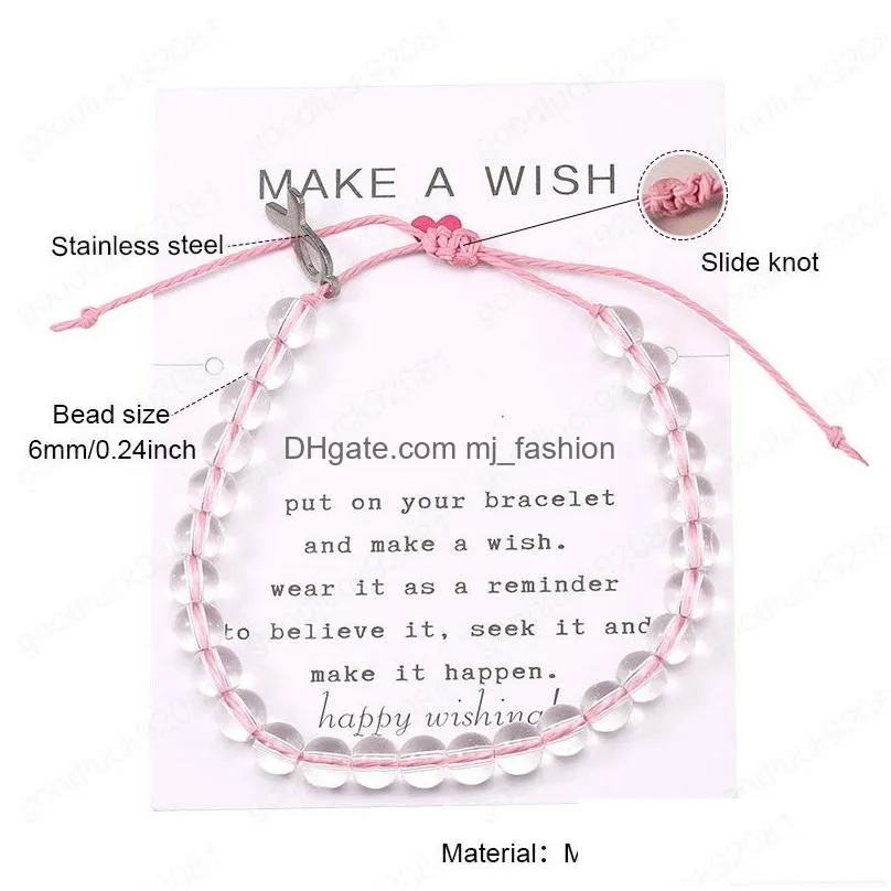 breast cancer awareness charm bracelet transparent glass beads bracelet for womens jewellery handmade rope jewelry trendy 2020