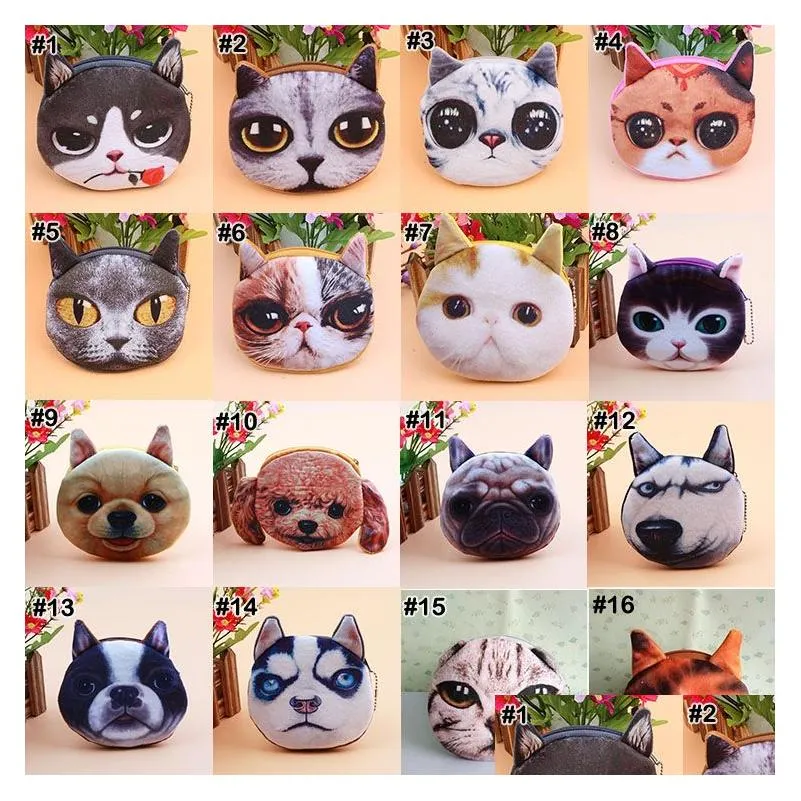 3d cat dog face plush coin purse pouch cute puppy pug head zipper closure wallet cartoon animal bag pendants charm m3962