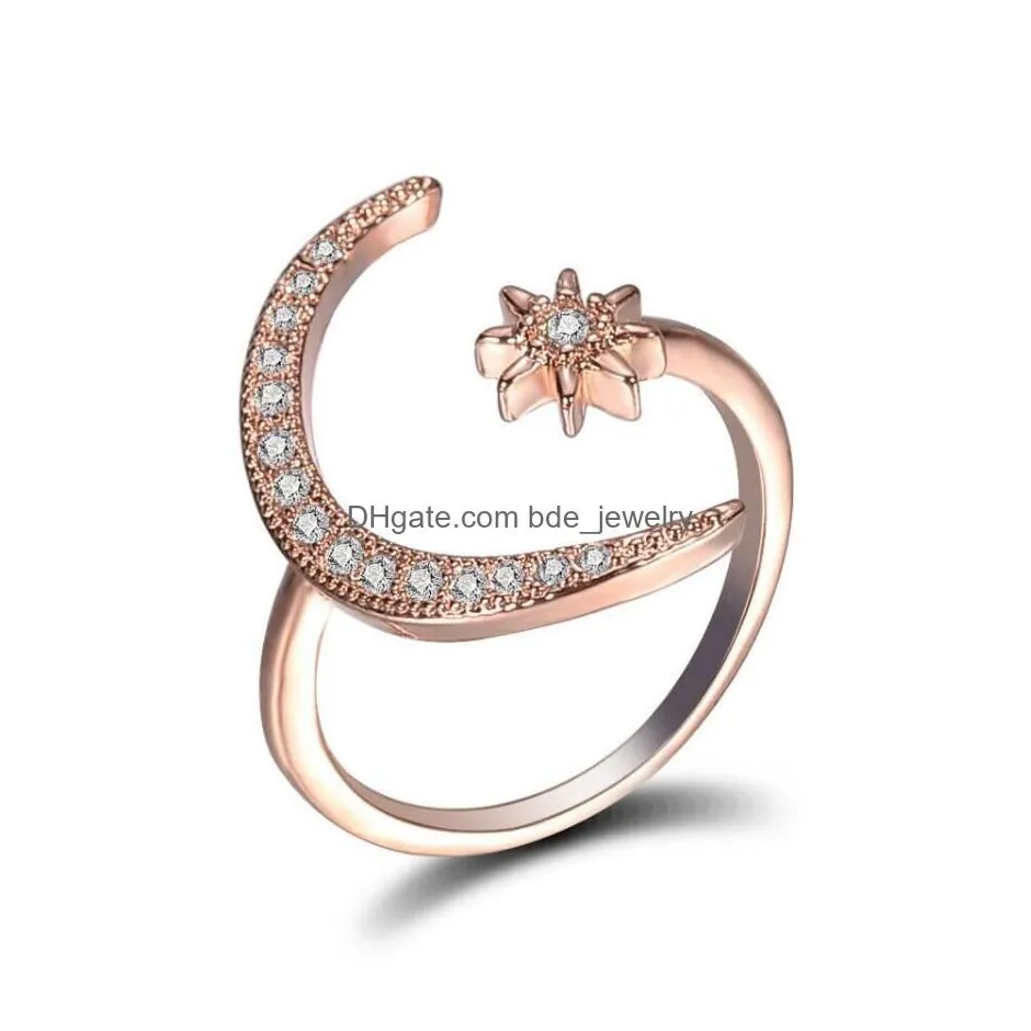 fashion silver cz moon and star rings women wedding jewelry open adjustable ring