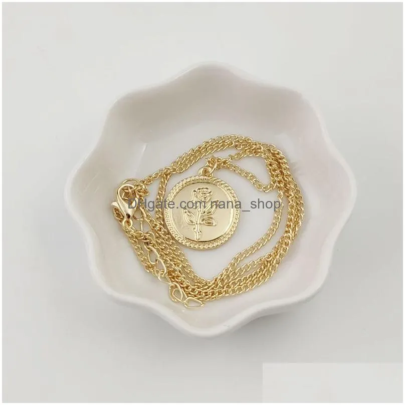 retro gold coin rose pattern pendant necklace charming womens clavicle chain jewelry fashion wedding party accessory girl gifts