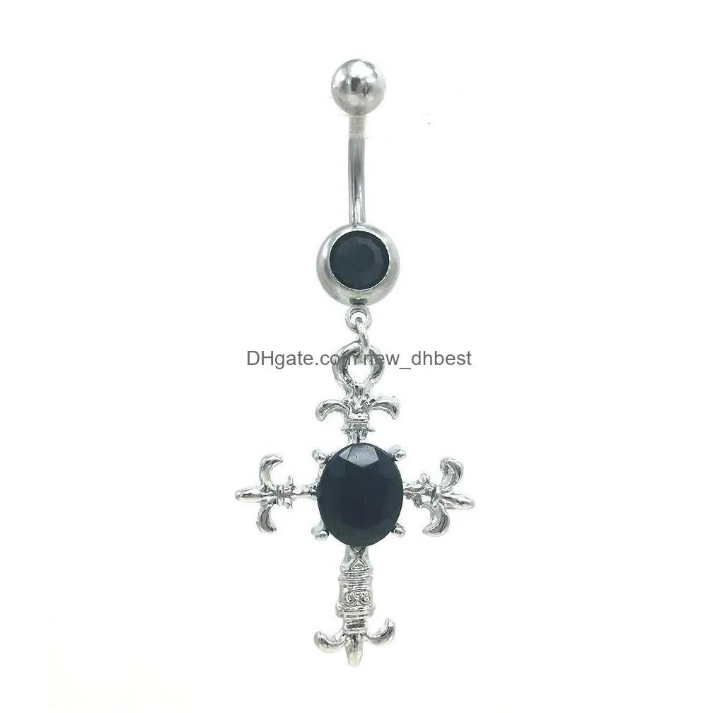 fashion crystal cross belly button rings 316l stainless steel barbells dangle cross navel rings piercing jewelry