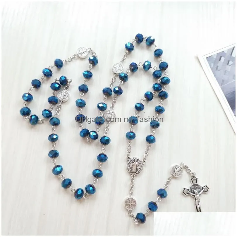 catholic jewelry long cross crystal rosary necklace