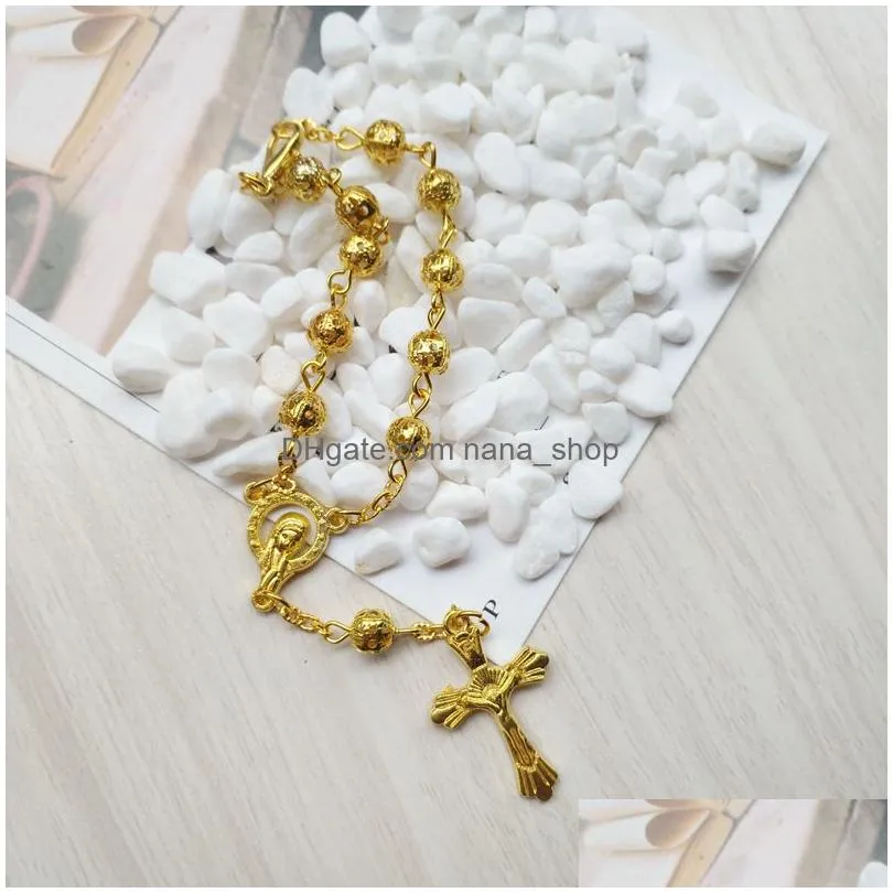 hollow out metal bead rosary bracelet gold cross strand bracelet catholic jewelry gifts