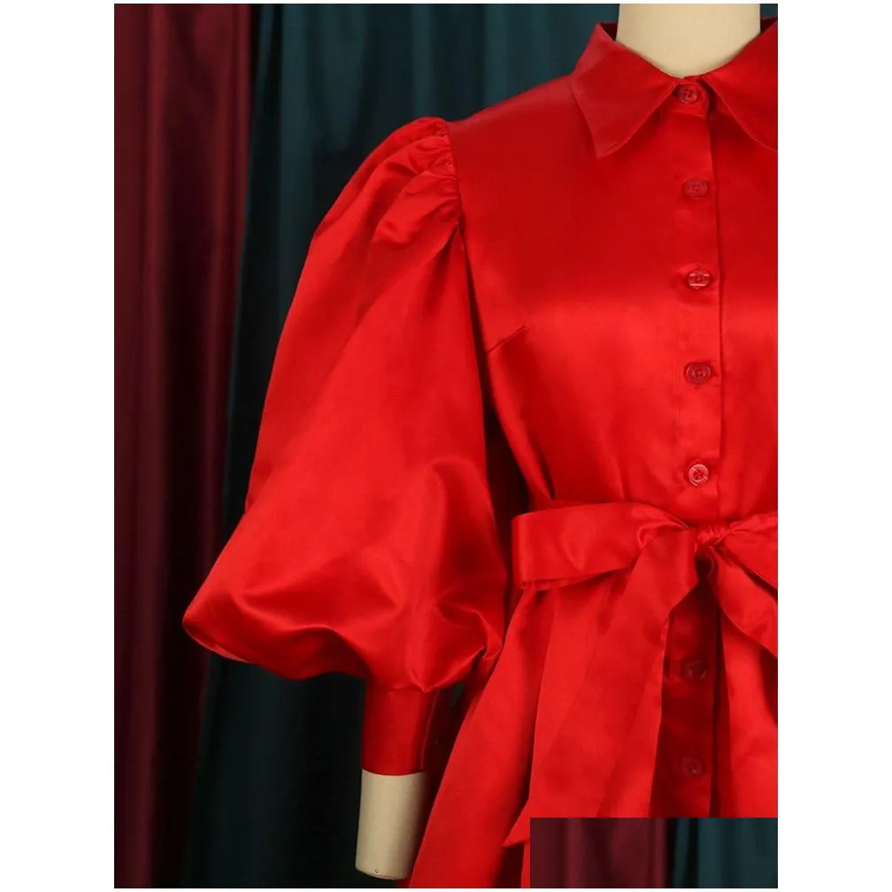 plus size dresses ball gown size 3xl 4xl long lantern sleeve notched collar red high waist party gowns outfits with belt 230201