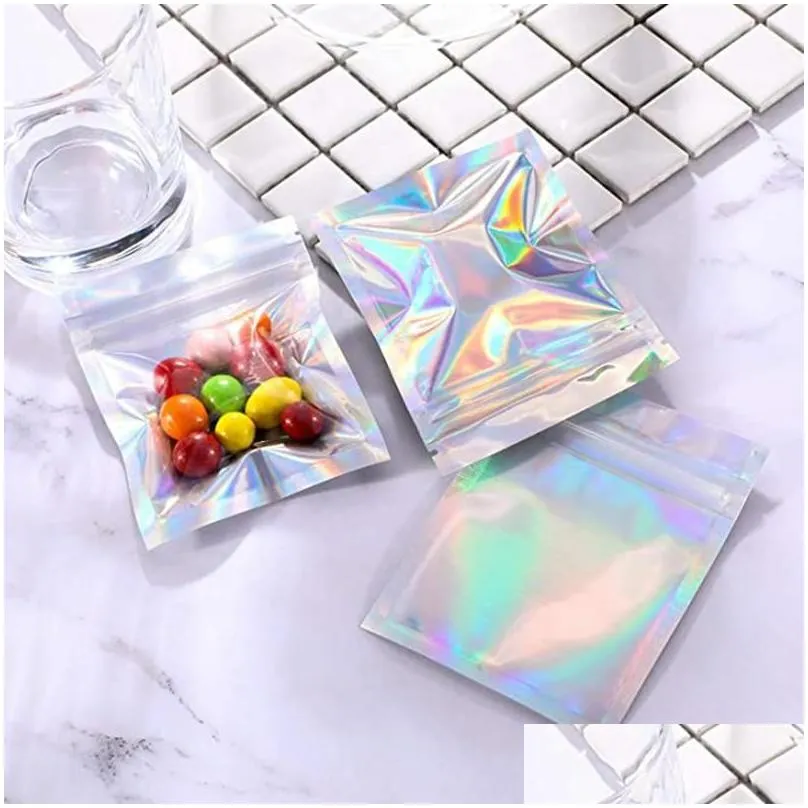 resealable smell proof bags mylar foil pouch flat zipper bag laser rainbow holographic color packaging for party favor food