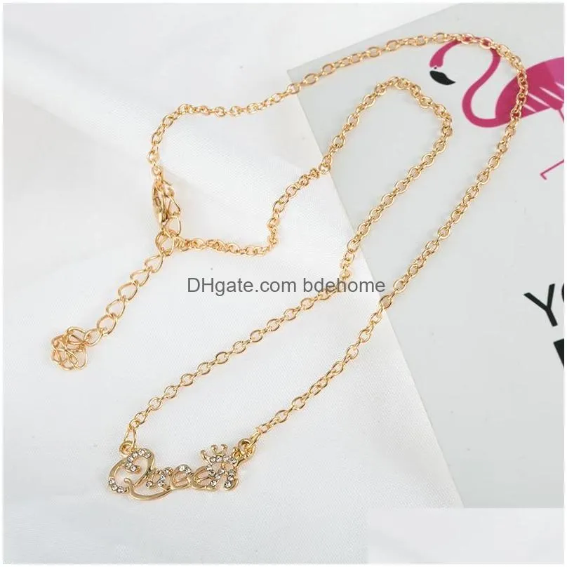 elegant letter queen pendant necklace gold silver rose gold rhinestone clavicle chain necklaces for women lady jewelry gift