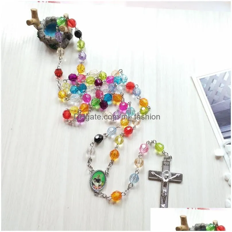 colors acrylic cross pendant rosary religious long women necklace