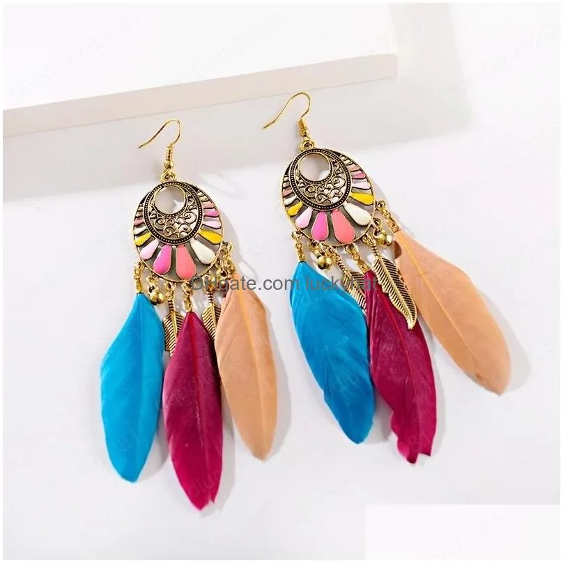 ethnic boho red black blue multicolor feather earring for women dripping oil metal tassel earrings jewelry accessories