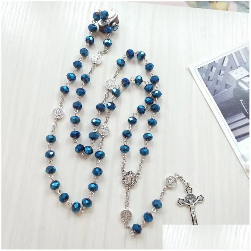 catholic jewelry long cross crystal rosary necklace