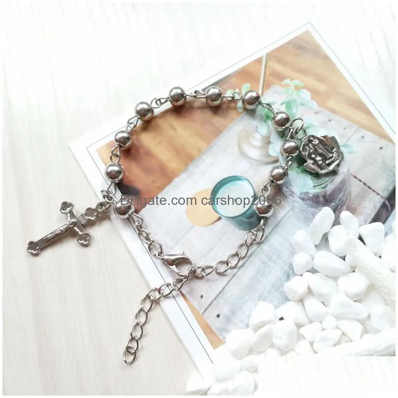 metal beads strand cross rosary bracelets for men women religious jewelry