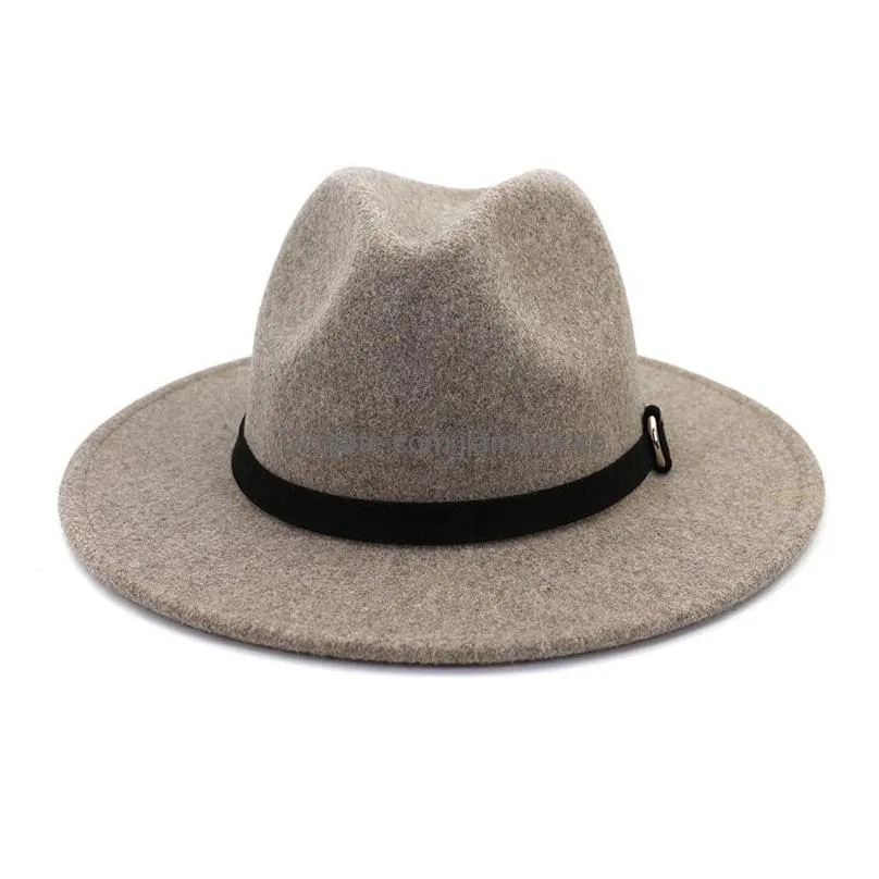 wool hats men women solid wide brim with belt designed fedora women hats warm luxury dress formal grey white felted wool hat men