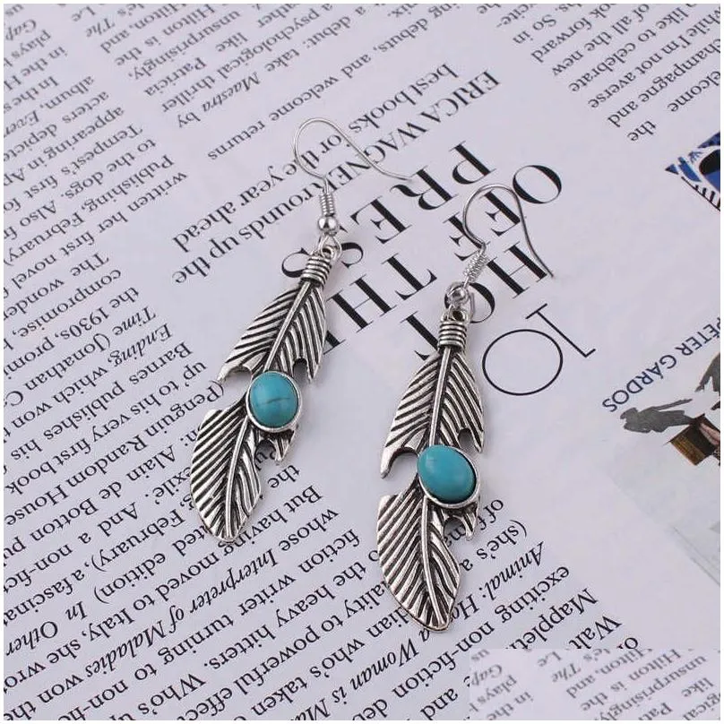 womens big leaves tibetan silver turquoise charm earrings gstqe040 fashion gift national style women diy earring