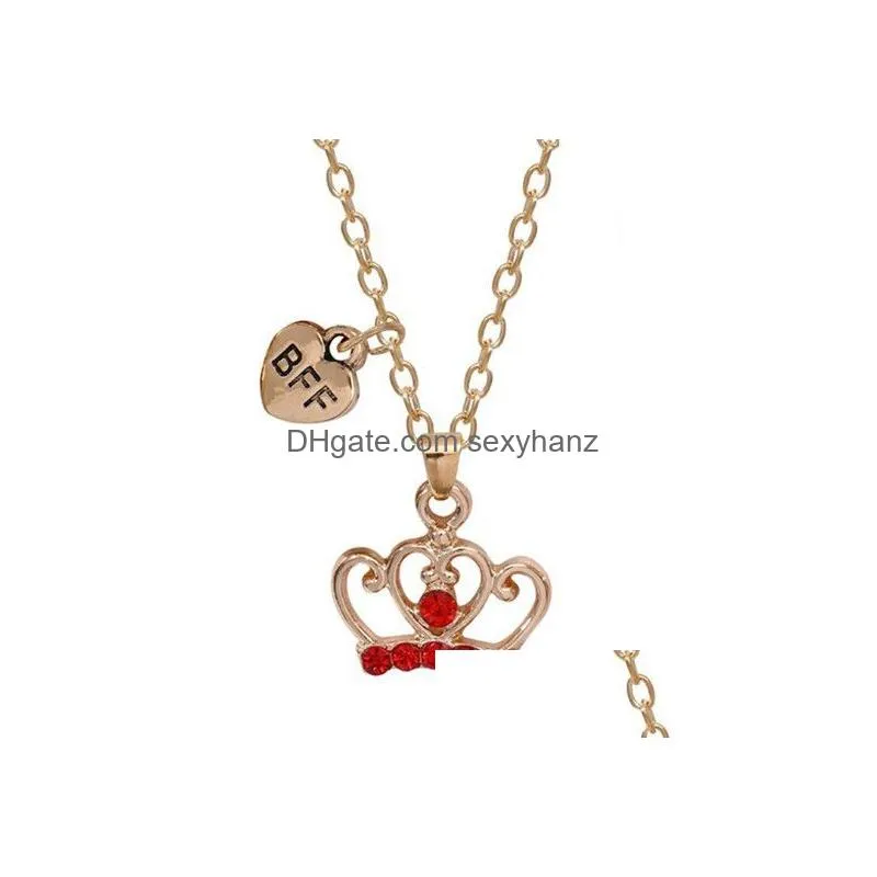 fashion red rhinestone crown pendant gold plated necklace alloy south american friends bff heart childrens necklaces jewelry for girls sister