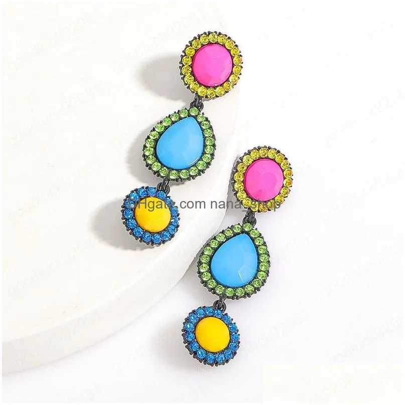 colorful teardrop dangle earrings long metal acrylic rhinestone geometric pendant drop earrings for women jewelry