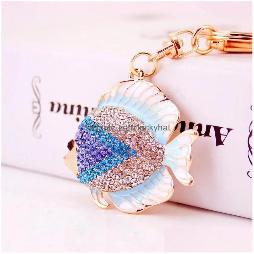 creative diamond inlay cartoon color tropical fish key chain womens bag accessories animal car keyrings metal pendant