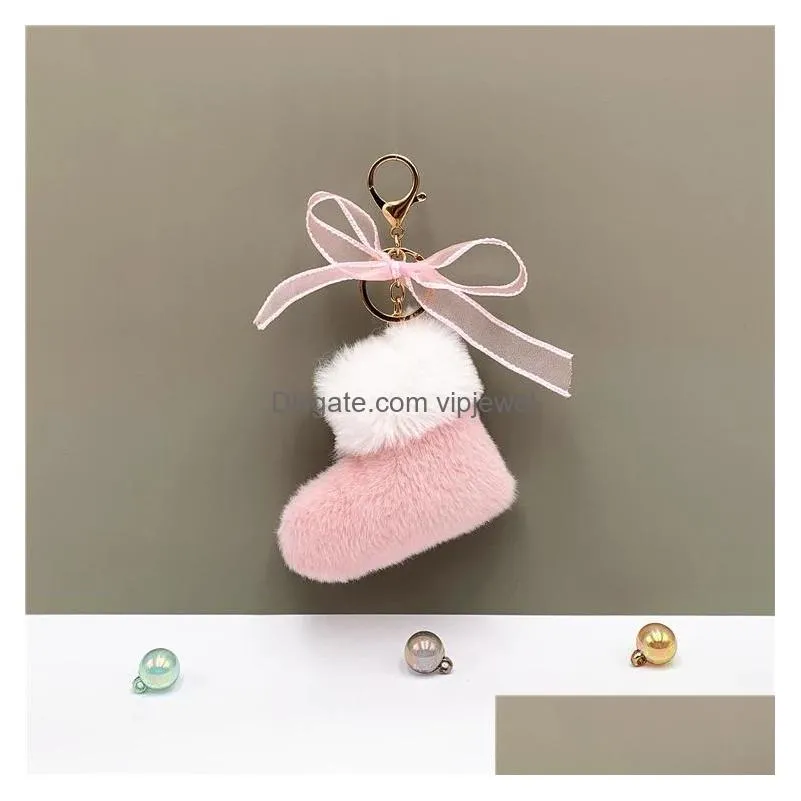 fluffy keychain christmas boots bowknot key ring car bag accessories for women soft pom pom keyrings christmas gifts