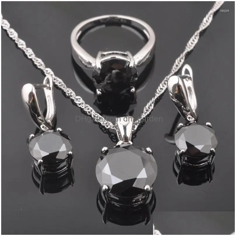 necklace earrings set fahoyo wedding jewellry 925 sterling silver classic black cubic zircon for women crystal qs0218