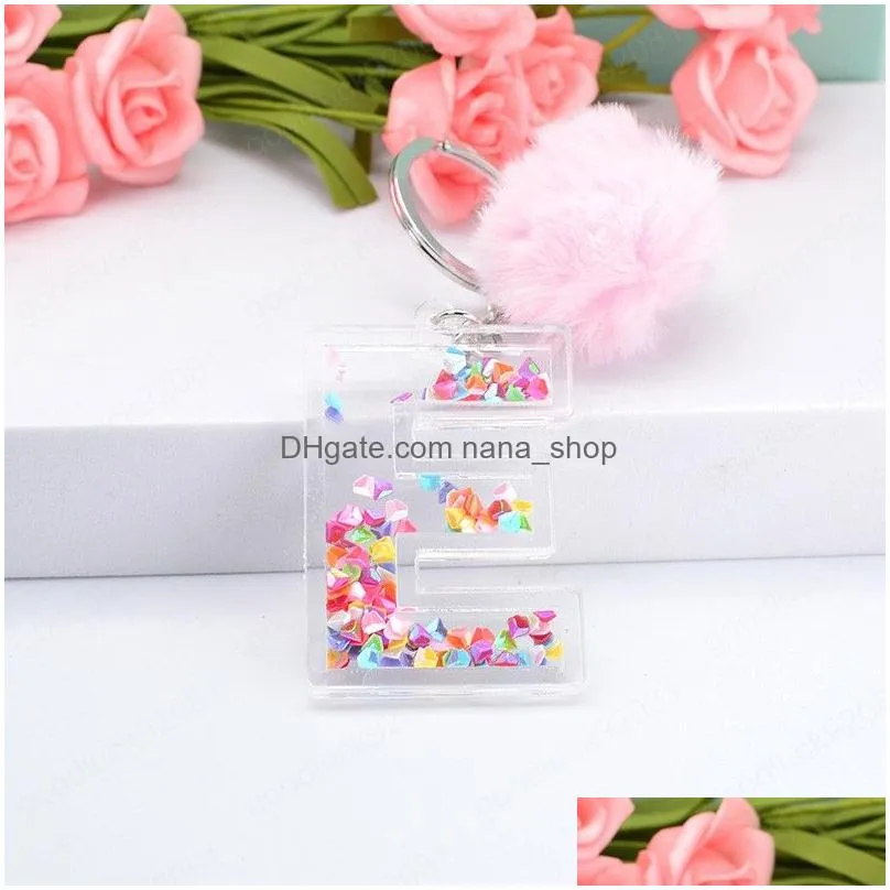 letter keychains 26 glitter hollowedout pink english alphabet car key ring women handbag crafts with puffer ball gift