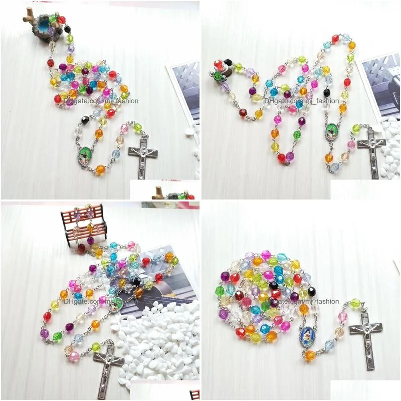 colors acrylic cross pendant rosary religious long women necklace