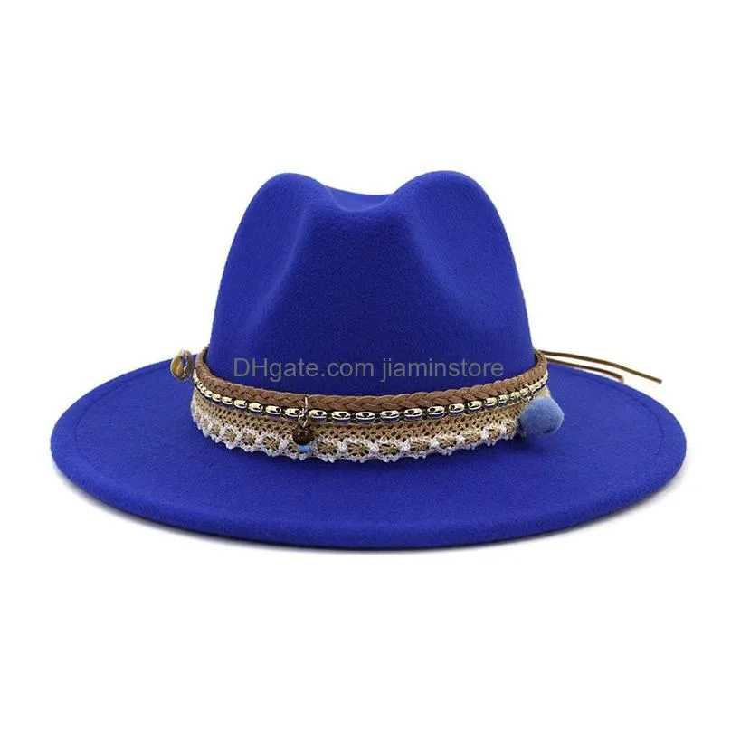 women hats winter solid color band belt jazz cap wide brim western  feltd fedora hat women men red green black winter hats