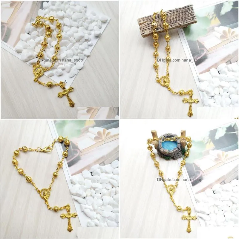 hollow out metal bead rosary bracelet gold cross strand bracelet catholic jewelry gifts