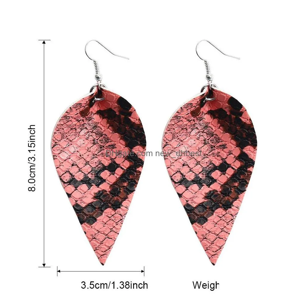 new snake skin pu leather earrings light weight leather leaf petal dangle earrings for ladies girls boho double side hook earring
