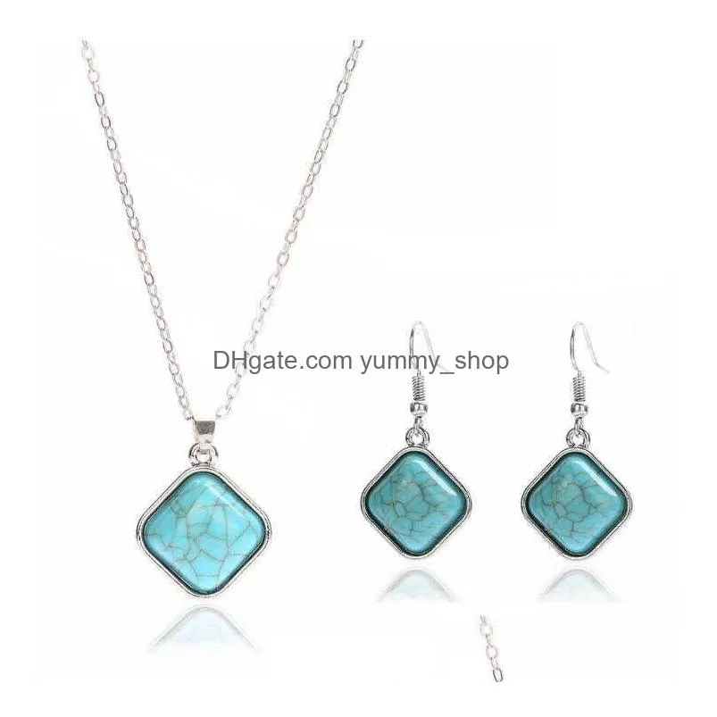 womens square beads tibetan silver turquoise earrings necklace set gstqs023 fashion gift national style women diy jewelry sets