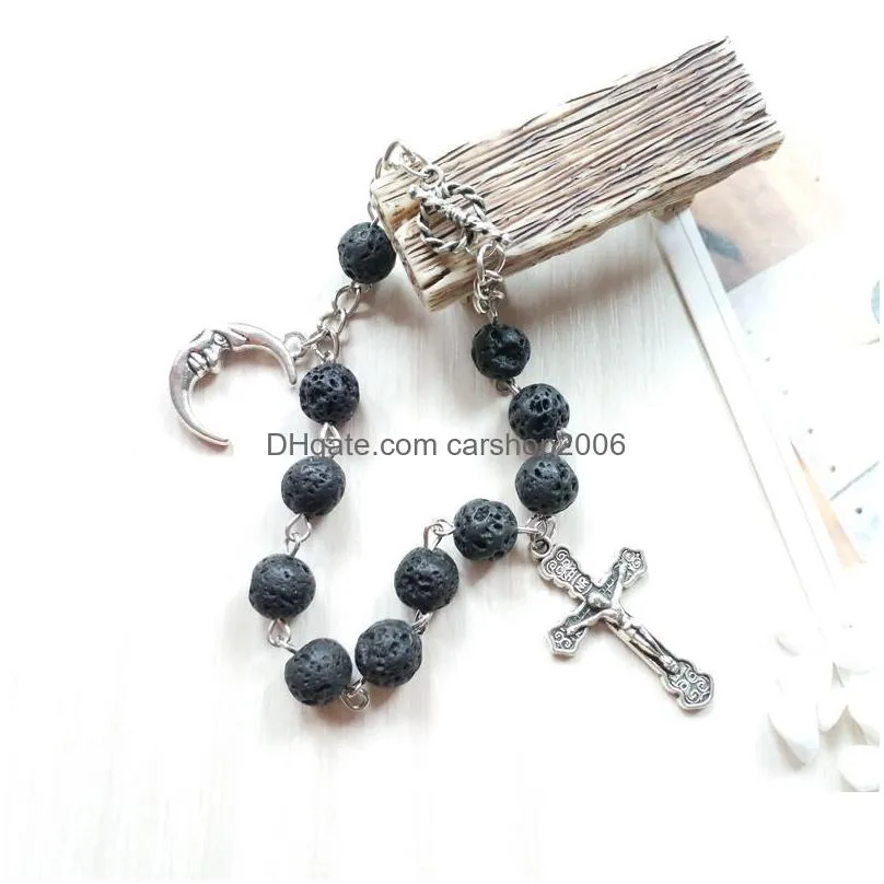 black volcanic rock beads rosary bracelet cross religious jewelry