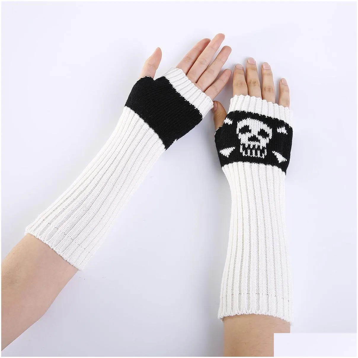 halloween punk gloves unisex skeleton skull half finger gloves glow in the dark fingerless stretch knitted winter mittens cpa4365