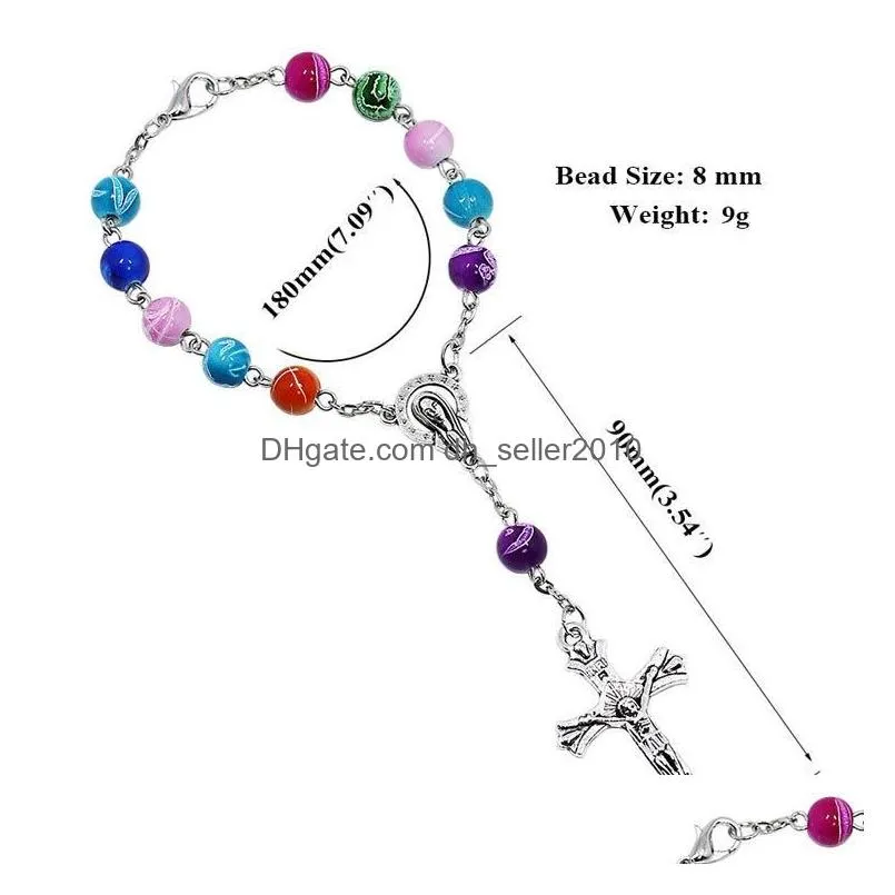 religious cross rosary strand bracelet 8mm colorful acrylic beads catholic rosary bracelet women jesus crucifix bracelet