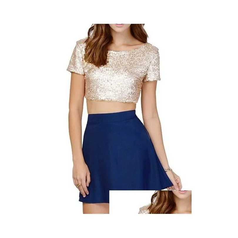 sparkling sequins crop top for women scoop neck short sleeve t shirts slim fit short tees sexy night out clothing