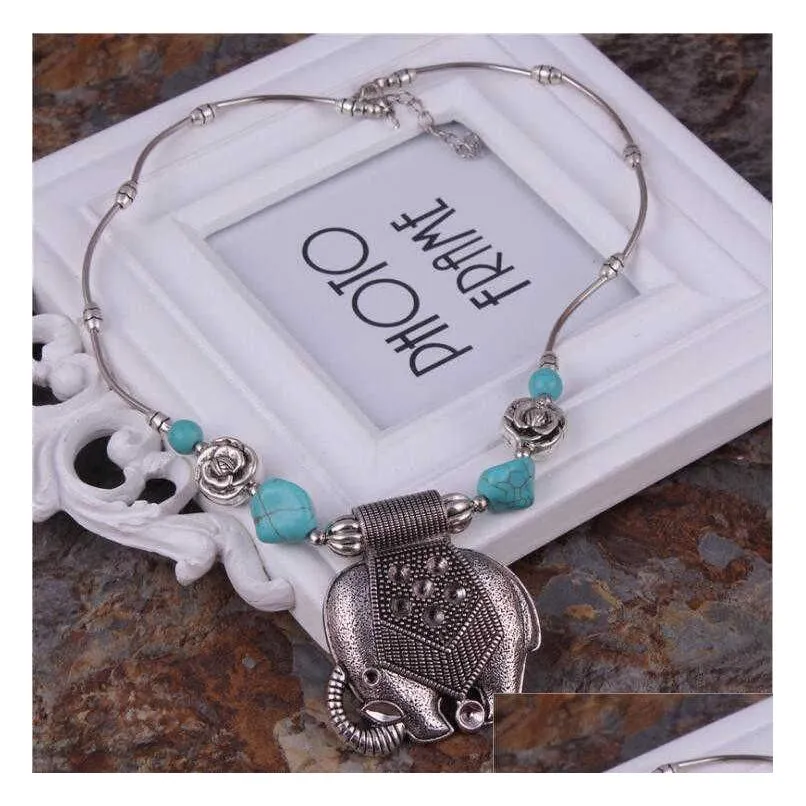 womens animal elephant tibetan silver turquoise pendant necklaces gstqn017 fashion gift national style women diy necklace pendants