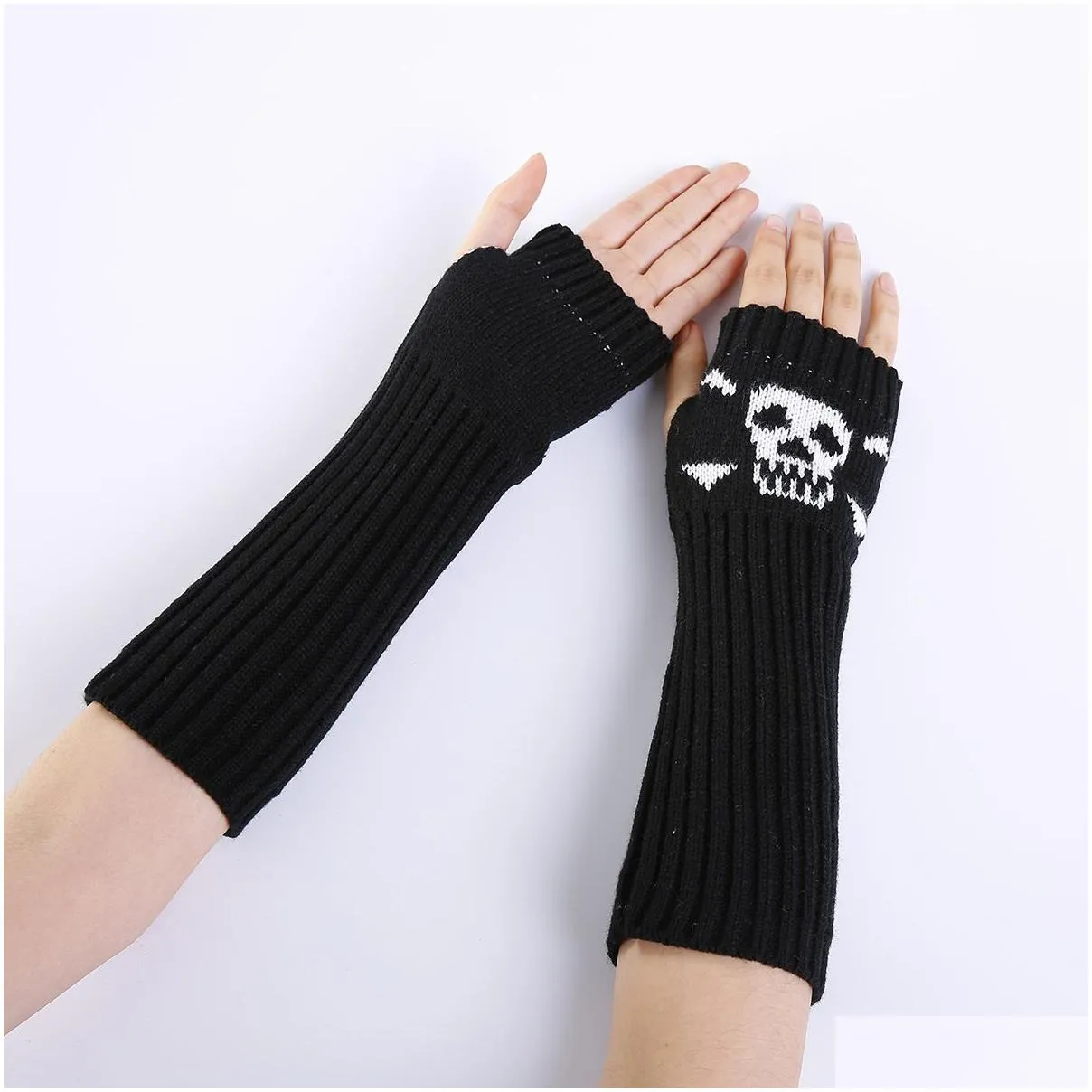 halloween punk gloves unisex skeleton skull half finger gloves glow in the dark fingerless stretch knitted winter mittens cpa4365