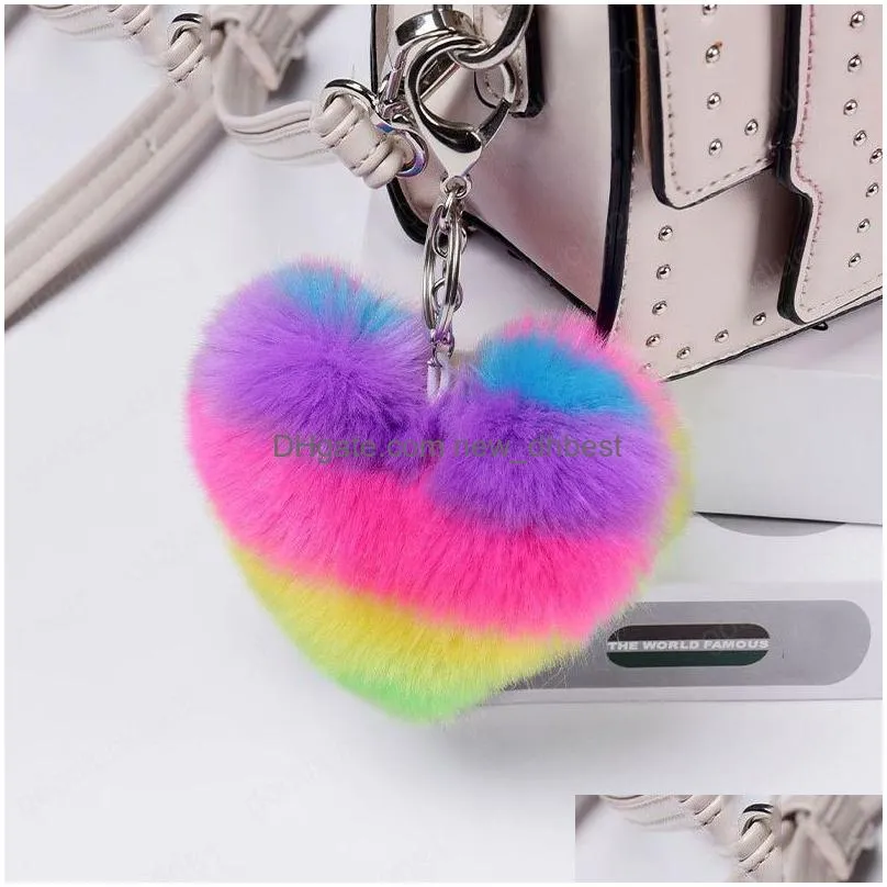 stylish rainbow love shape ball keychain holder bag charm ornament cute plush pompom car key ring bags trinket chirstmas gift