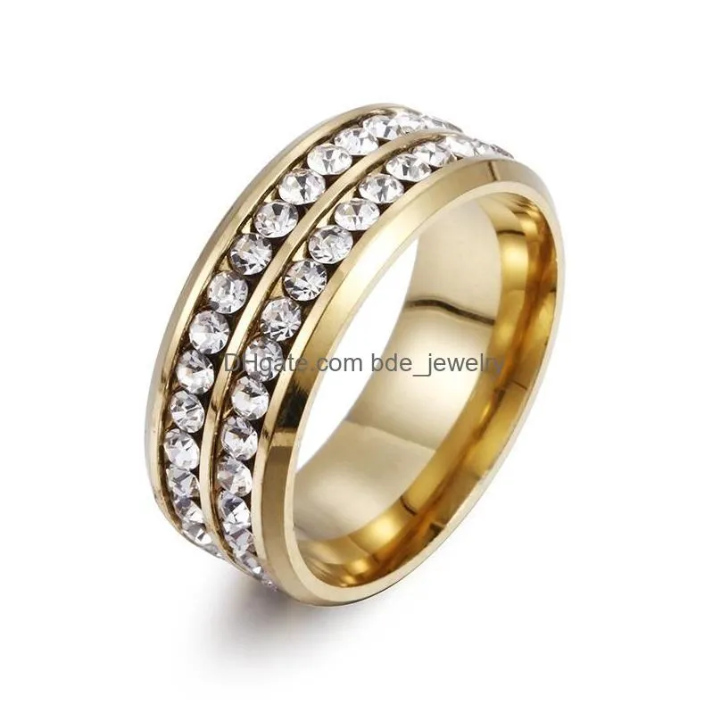 two rows crystal ring stainless steel diamond rings engagement wedding ring design for women men fashion jewery