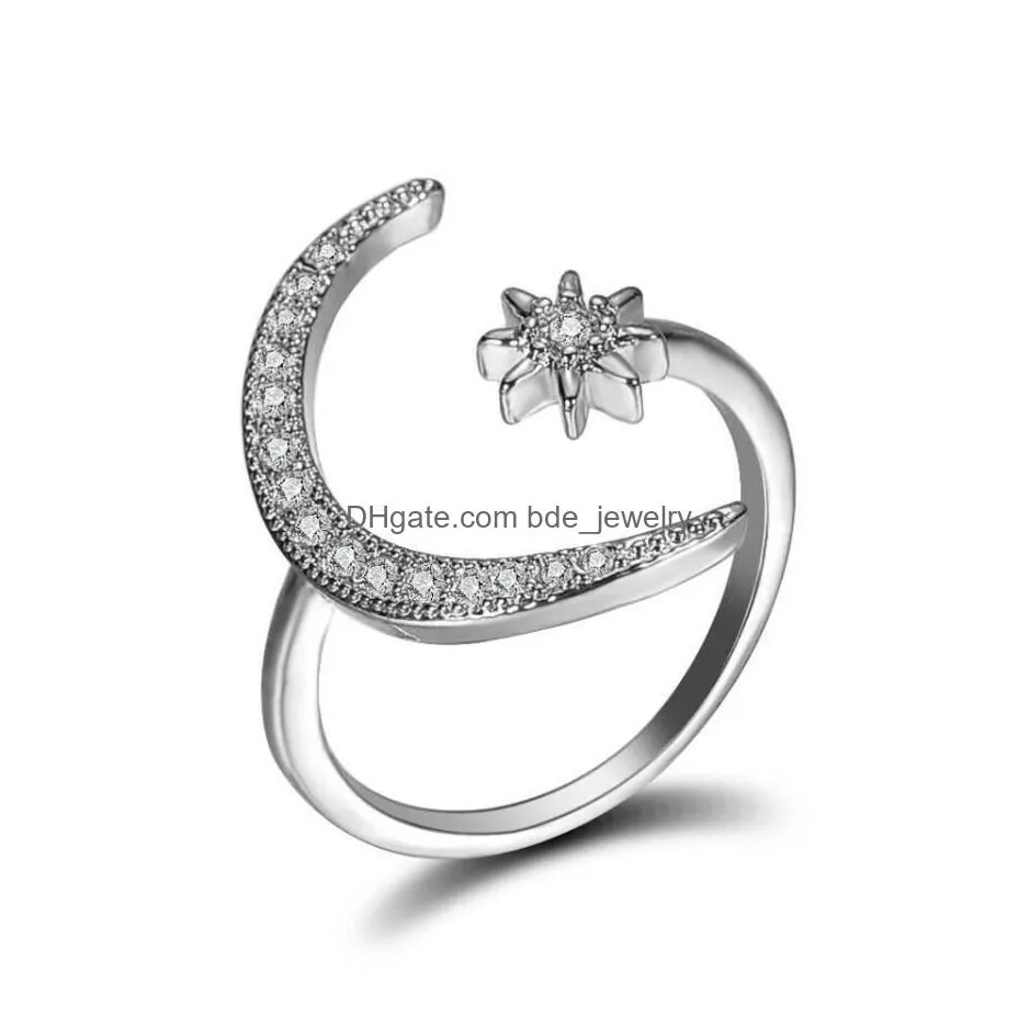fashion silver cz moon and star rings women wedding jewelry open adjustable ring