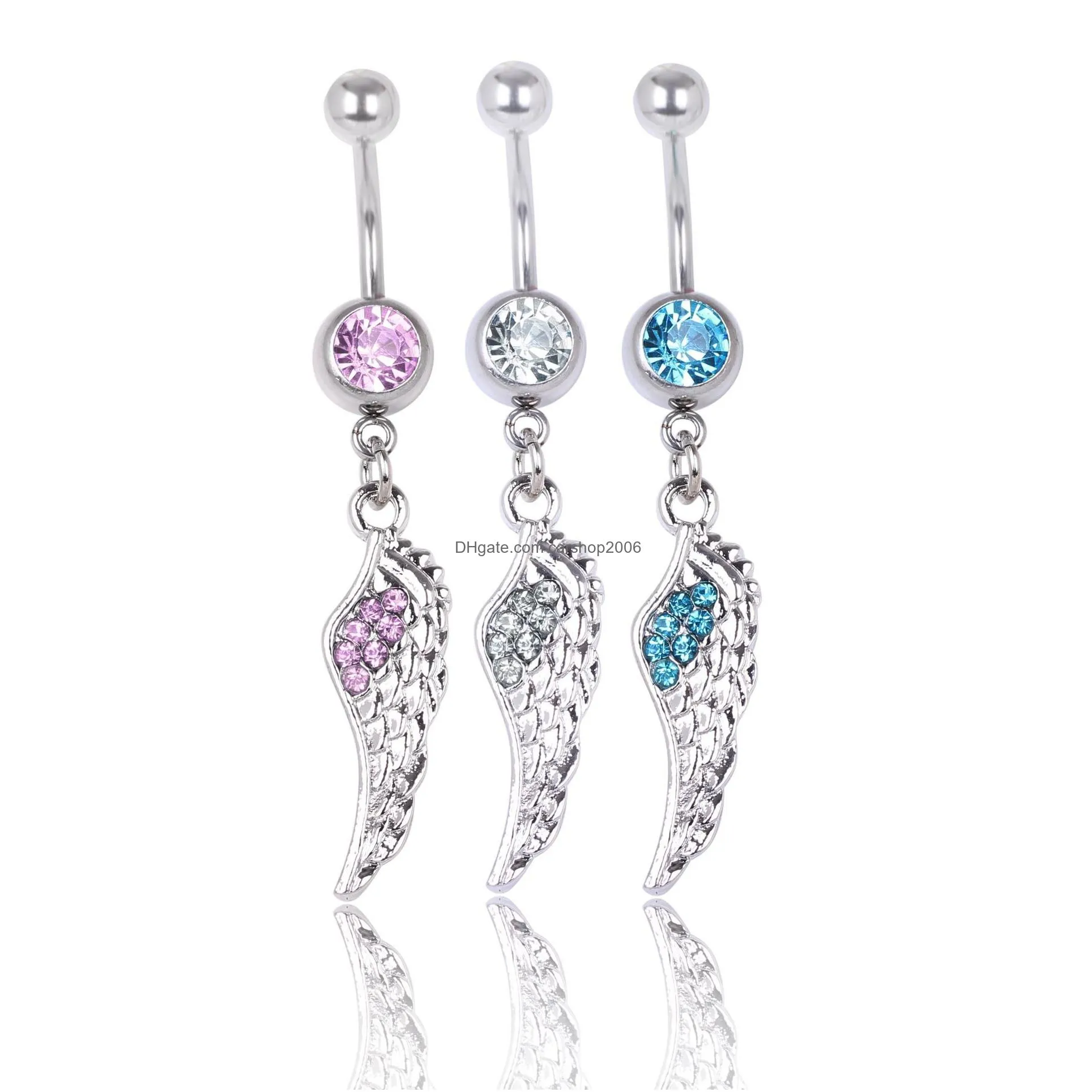 feather wing navel button ring clear aqua pink colors rhinestone piercing body jewlery 1.6x10x8/5 belly ring 3 colors
