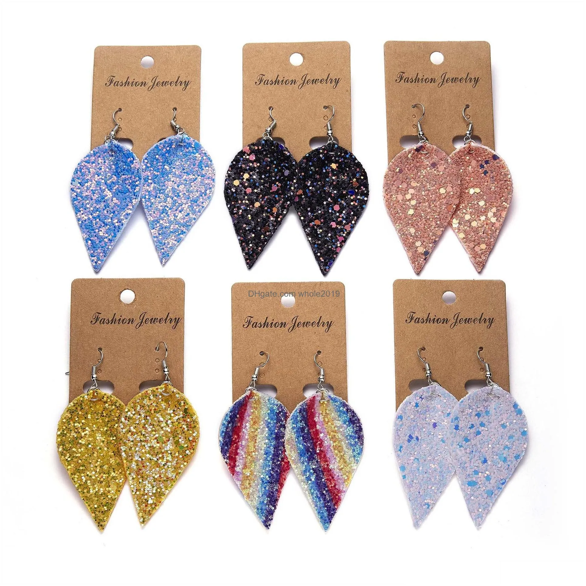 wholesale 12styles leafshaped leather doublesided sequined glitter earrings punk leaves leather charm pendant dangle hook earrings