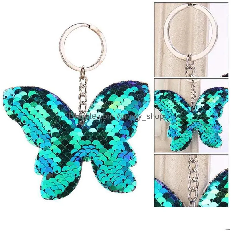 beautiful butterfly keychain glitter sequins keyfob gift for women girl laveros mujer car bag pendant accessories key rings 3 styles