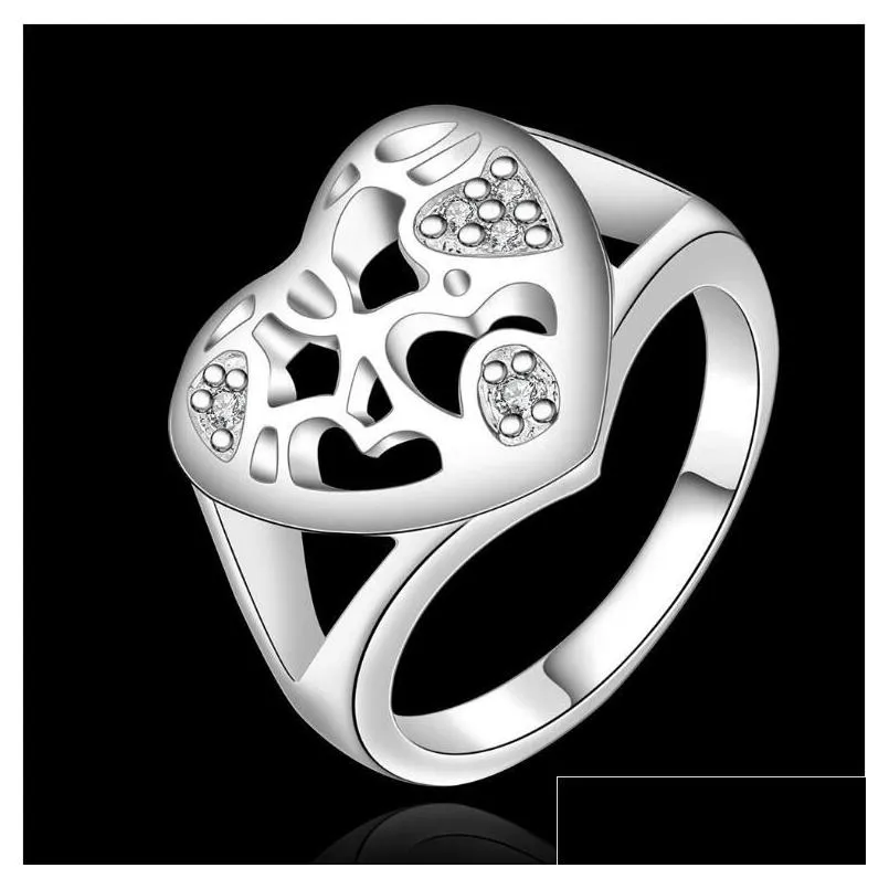 womens sterling silver plated hollow heart zircon ring with side stones gssr509 fashion 925 silver plate rings